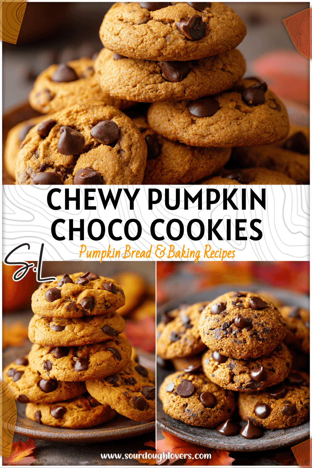Stack of chewy pumpkin chocolate chip cookies on a rustic plate with fall leaves around.